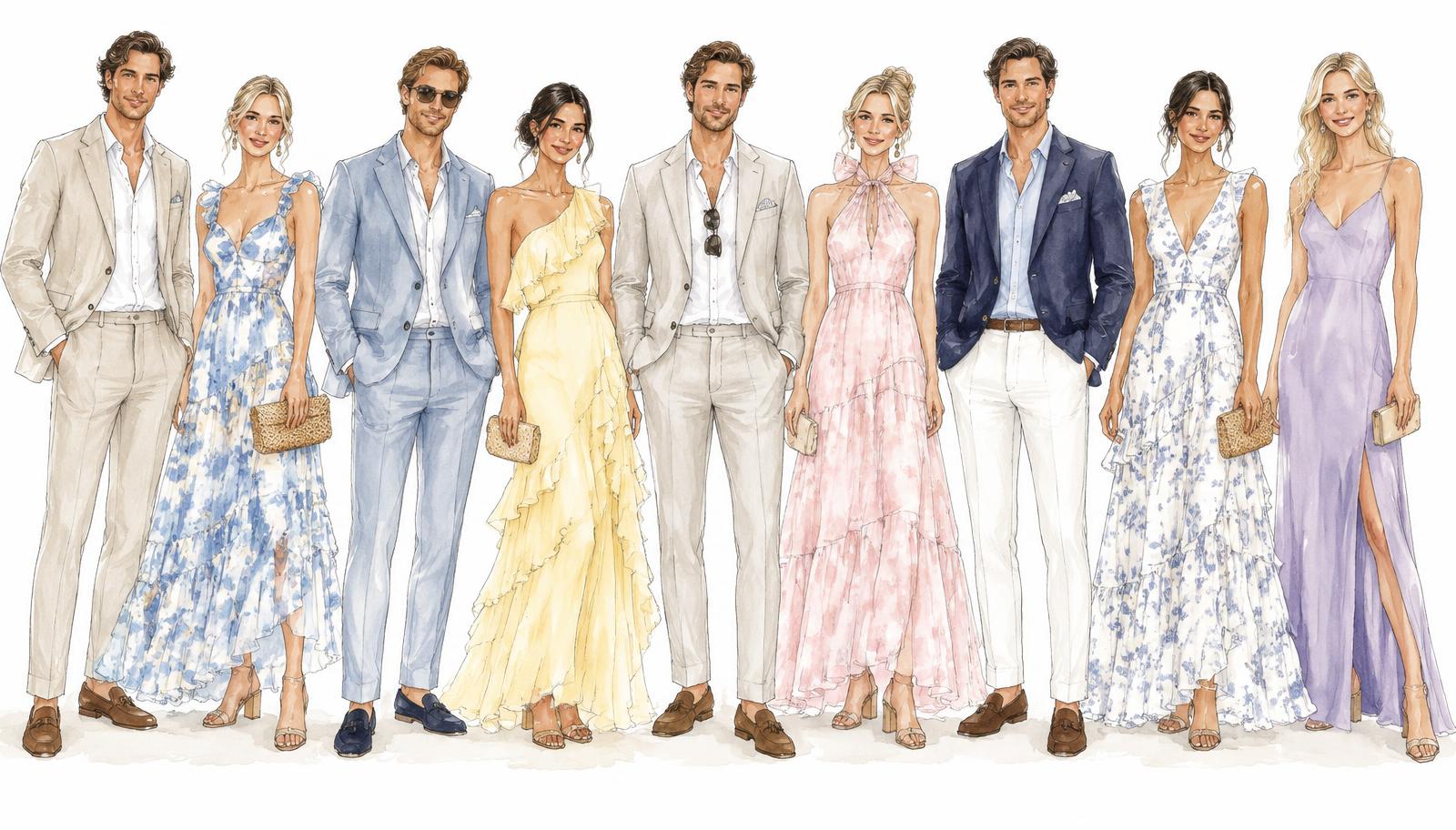 Illustrated guests dressed for the the wedding in nantucket formal attire