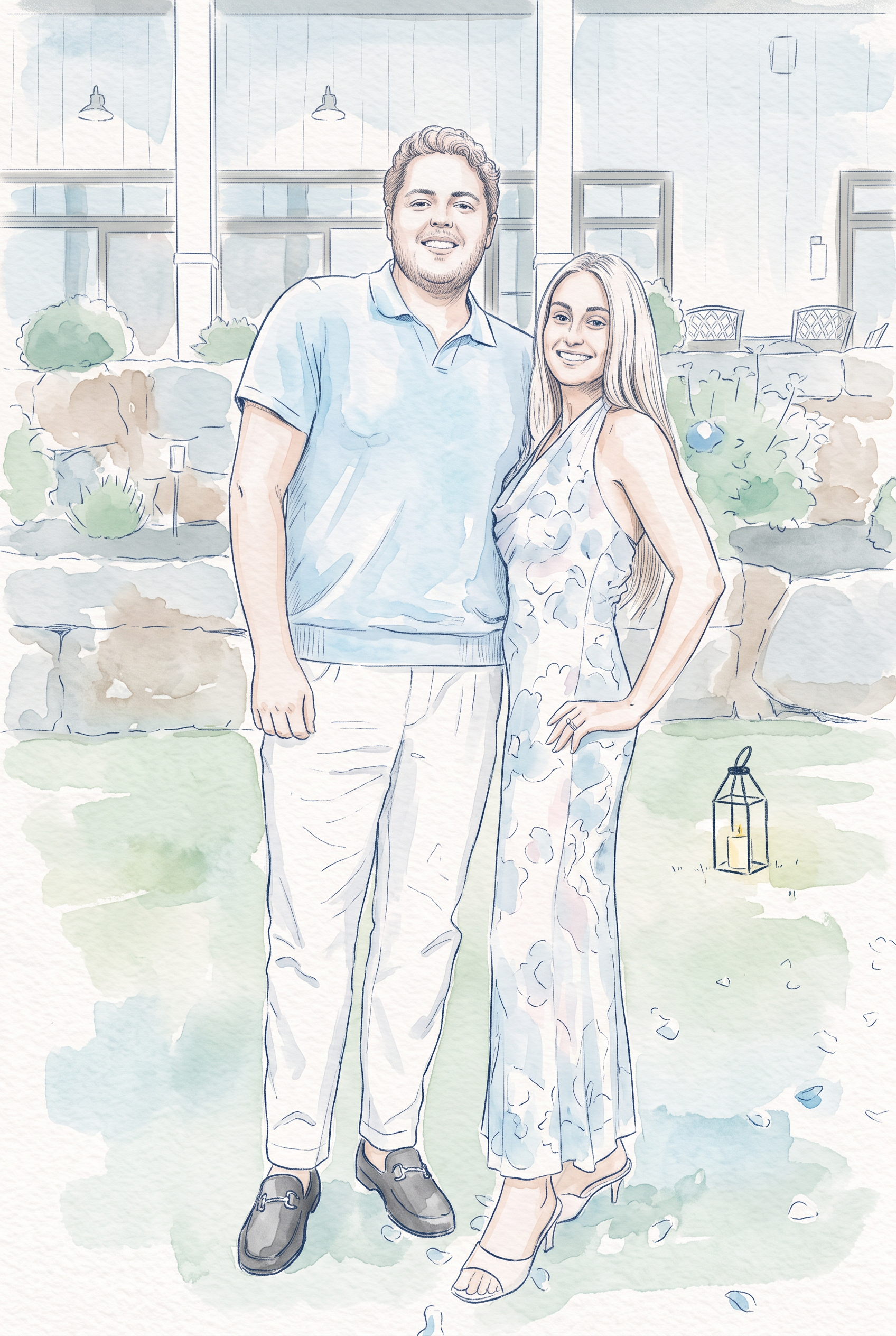 Watercolor of Leah and Aaron on a lawn