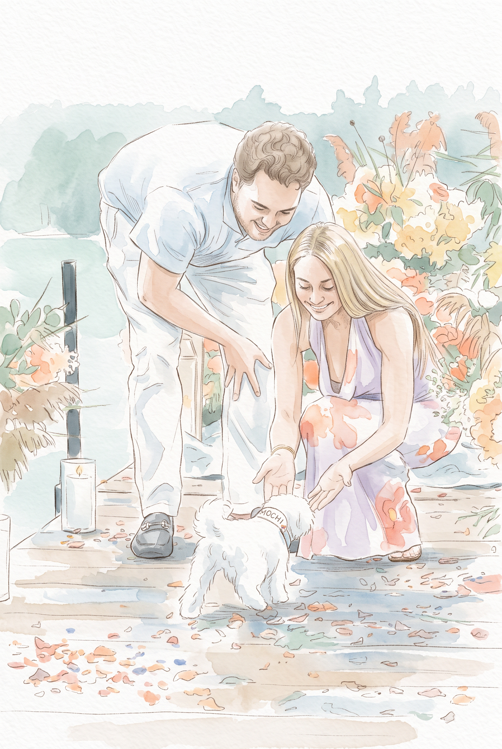 Watercolor of Leah and Aaron greeting their dog on the dock