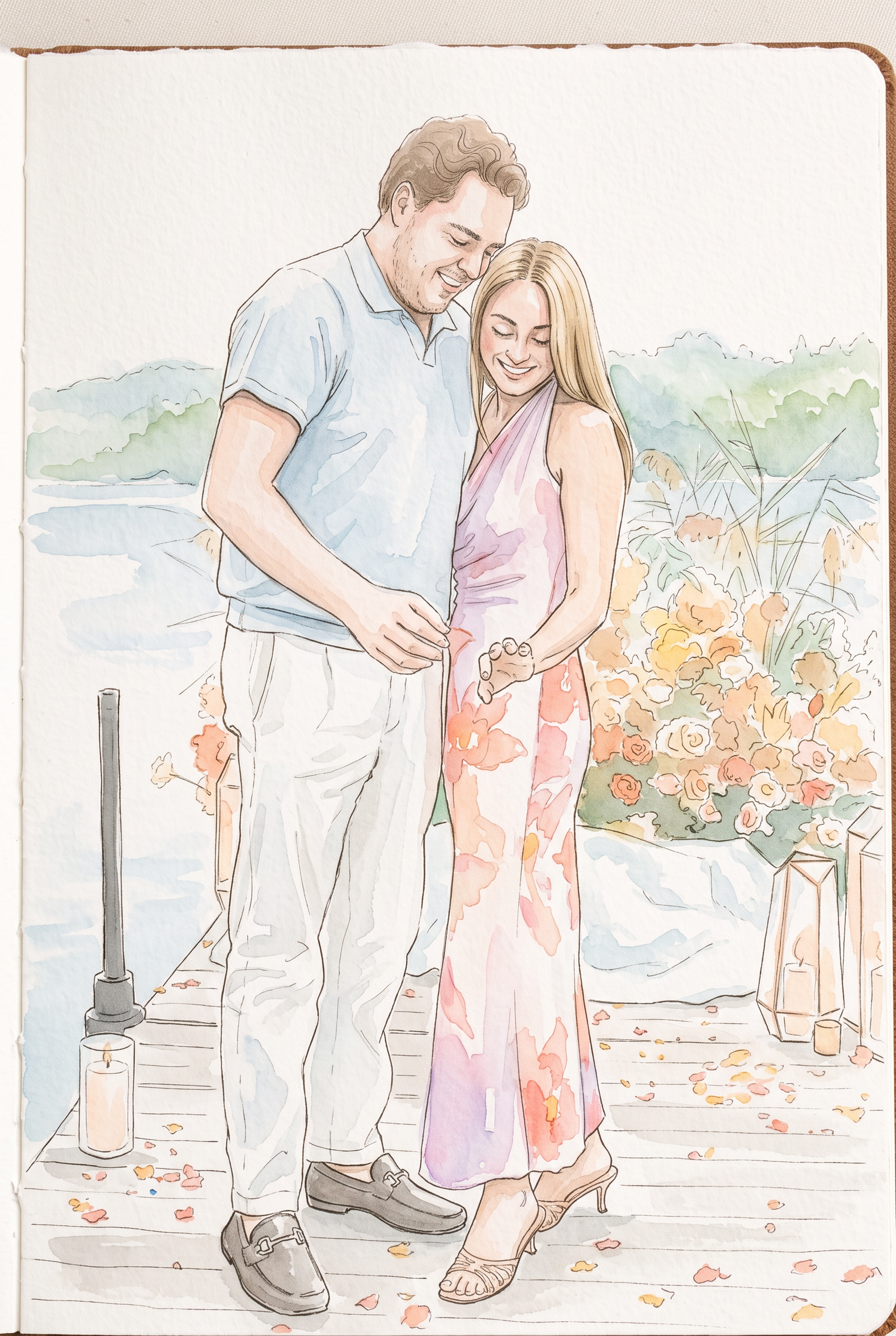 Watercolor of Leah admiring her ring beside Aaron