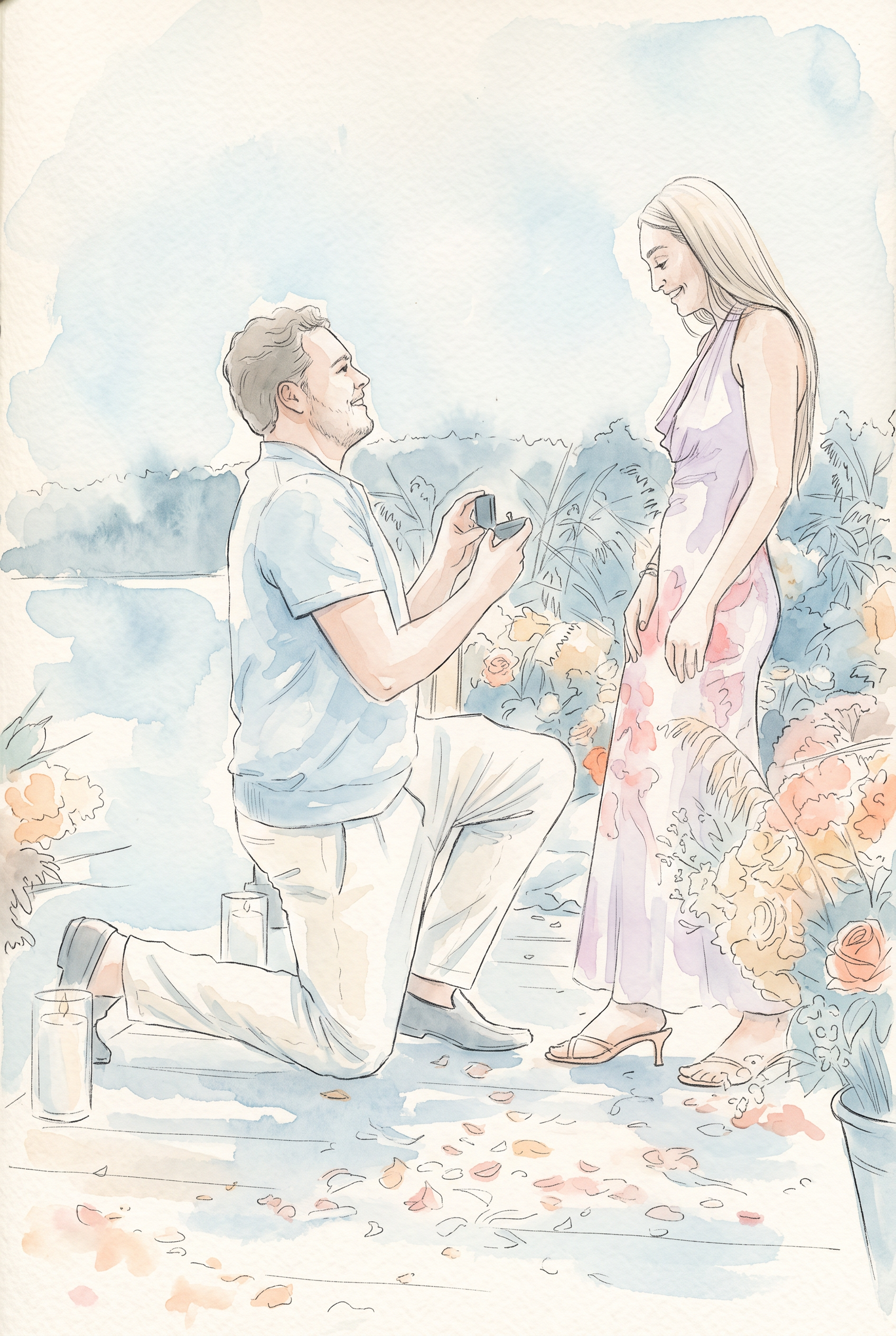 Watercolor of Aaron proposing to Leah on a dock surrounded by flowers