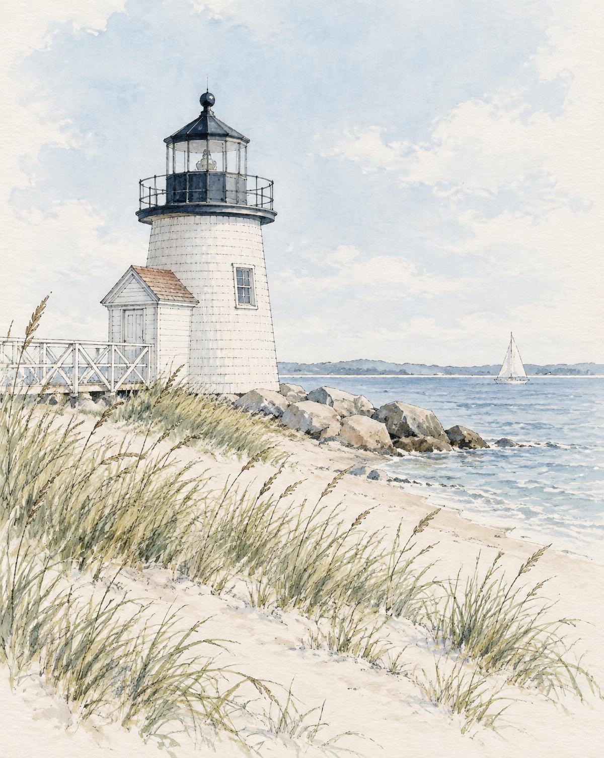 Watercolor sketch of Brant Point Lighthouse